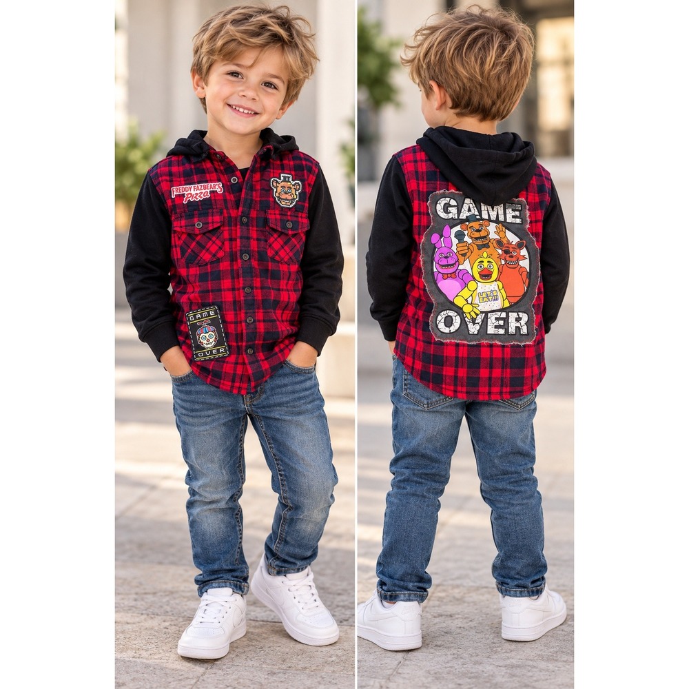 Five Nights at Freddys Kids Red Plaid Hooded Flannel Shirt Game Over Size M/ 8yo
